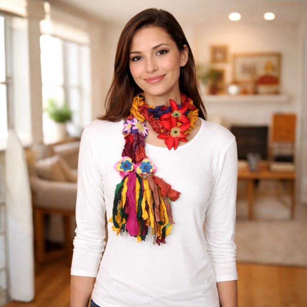 Multicolor Crocheted Recycled Sari Silk Scarf with Silk Flower, Stone and Bead E